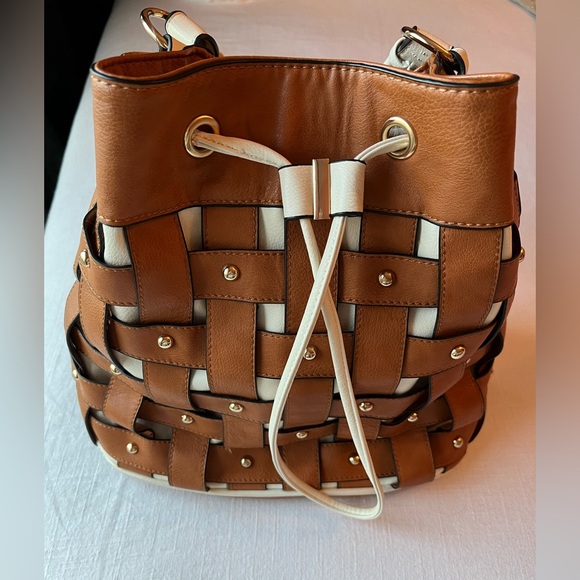 Handbags - Brown and white drawstring  bag- purse with weave pattern and gold accents.